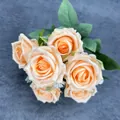 Realistic 7-head bouquet of champagne orange silk roses with green leaves for decor - Champagne