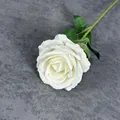 Single white velvet artificial rose with realistic green leaves for home decor - White