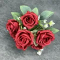 Vibrant red faux rose bouquet with 7 heads and green leaves on grey background - Red