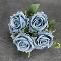 Elegant artificial blue rose bouquet with vintage fabric petals and green leaves - Haze Blue