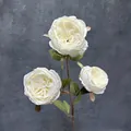 Rosa artificial Austin blanca de 3 cabezas con tallo marrón y hojas verdes - Blanco