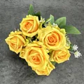 Artificial silk yellow rose bouquet with six lifelike blooming flower heads and green leaves - Yellow