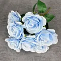 Artificial 7-head light blue gradient roses bunch with green leaves for home decor - Sky Blue