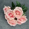Artificial pink rose bouquet with 9 heads and green leaf accents for home decor - Pink