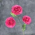 Three-headed rose pink ranunculus artificial flower stem with lush green leaves - Rose Red