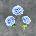 Three-headed light blue faux Persian Buttercup flower with lifelike petals and green leaves - Blue