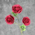 Three-head dark red silk ranunculus artificial flower with green stem and leaves - Red