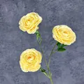 Three-headed yellow artificial ranunculus flower with green leaves for home decor - Yellow