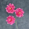 Three-headed magenta artificial peony spray with realistic green stem and yellow stamens - Rose Red