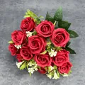 Artificial 15-head dark red bridal rose bouquet with green leaves on grey background - Red
