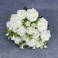Elegant bundle of 15 white artificial roses with green leaves for wedding bouquets - White
