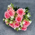 Bouquet of 15 realistic artificial pink roses with green leaves and small white flowers - Deep Pink