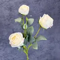 Three-headed artificial cream roses with light pink edges and green leaves for home decor - White