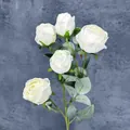 Single stem of white artificial Milanese roses with five heads and green leaves - White
