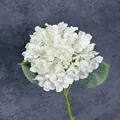 Elegant single-stem faux white hydrangea flower with lush green leaves for home decor - White