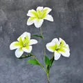 Giglio artificiale a 3 teste bianco e giallo con foglie verdi realistiche e stelo - Bianco Cuore Verde