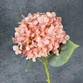 Single stem artificial hydrangea in soft peach pink with realistic silk petals and green leaf - Deep Pink