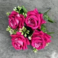 Artificial bouquet with four vivid magenta velvet roses and white accent flowers - Rose Red