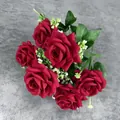 Artificial bouquet of 6 vibrant red velvet roses with green leaves and white accents - Red