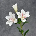 Three-headed artificial white lily branch with two blooming flowers and one bud - White with Red Spots