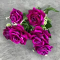 Artificial velvet 7-head rose bouquet in vibrant magenta for wedding home decor - Purplish Red