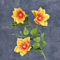 3D printed artificial clematis flower in orange yellow gradient with green leaves - Orange