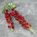 Deep red artificial larkspur stem with realistic petals and green buds for home decor - Red
