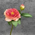 Pink and coral peony artificial flower stem with realistic green leaves and yellow bud - Pink