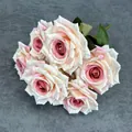 Bouquet of 7 artificial pink and white roses with realistic silk petals and green leaves - Pink Champagne