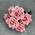 Artificial bouquet of 7 vintage pink roses with realistic silk texture on grey fabric - Dusty Pink