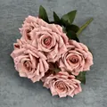 Artificial vintage dusty pink rose bouquet with seven flower heads and green leaves - Light Coffee