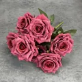 Artificial bouquet of seven premium dark pink silk roses with realistic green leaves - Burgundy