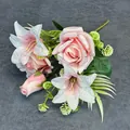 Artificial bouquet with pink roses and lilies on a grey background for home decor - Pink