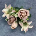 Artificial bouquet with vintage pink roses and cream lilies in a rustic farmhouse style - Brown