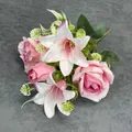 Artificial pink rose and lily bouquet with green leaves for home wedding decor - Deep Pink