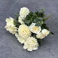 Artificial bouquet with white roses, cream pompon mums and lush green leaves - Autumn Rose White