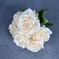 Artificial 7-head bouquet of cream white silk roses with realistic green leaves - Champagne