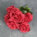 Artificial bouquet of seven red silk roses with green leaves for wedding home decor - Red