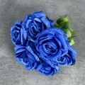 Artificial 7-head silk rose bouquet in deep blue with green leaves for home decor - Sapphire Blue