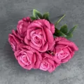 Bunch of 6 artificial magenta roses with realistic silk petals and green leaves - Rose Red