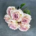 Artificial 7-head bouquet of silk roses in gradient pink-purple with green leaves - Light Pink