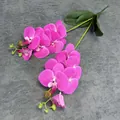 Two stems of vibrant rose pink artificial Phalaenopsis orchids with realistic green leaves - Purplish Red