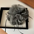 Detail of grey organza striped scrunchie with faux pearls and black silk ribbon tie - Dark Gray
