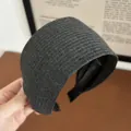 Dark grey wide ribbed knit headband with vintage textured fabric for high skull top - Dark Gray