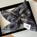 Navy and beige plaid scrunchie with cute bear woven label in preppy style - Blue Gingham Square Scarf Style