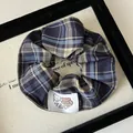 Blue and beige plaid scrunchie with cartoon bear label in retro preppy style - Blue Plaid Scrunchie