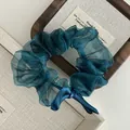 Detail of dark green organza scrunchie with satin bow on elegant walnut background - Teal