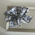 Detail eines blau-weißen Karo-Haargummis mit Silberfäden und Waschetikett - Blau Kariert