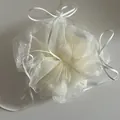Detailed view of cream organza hair scrunchie with lace edges and satin ribbons - Off White