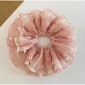Oversized pink chiffon lace hair scrunchie with a layered dual-tone pleated design - Peach Pink